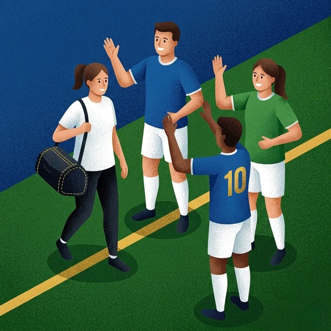 Ilustración de jugadores dándose la bienvenida al equipo