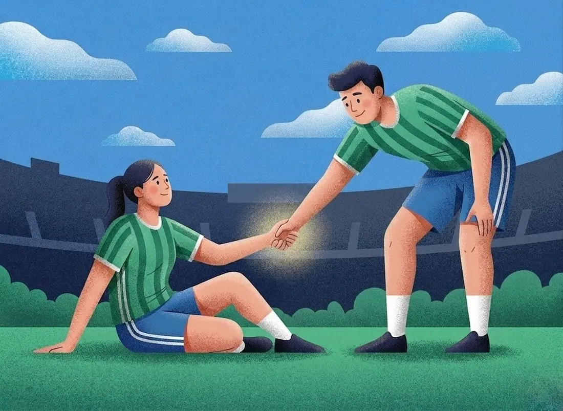 Ilustración de un jugador ayudando a levantarse a un rival